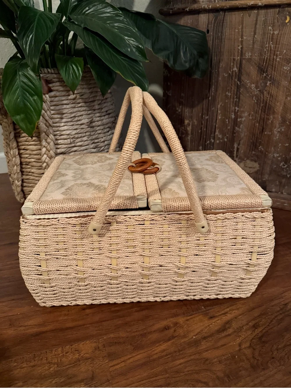 Vintage Woven Wicker Sewing Basket With Dual/Hinged Lid And Cream Tapestry Top
